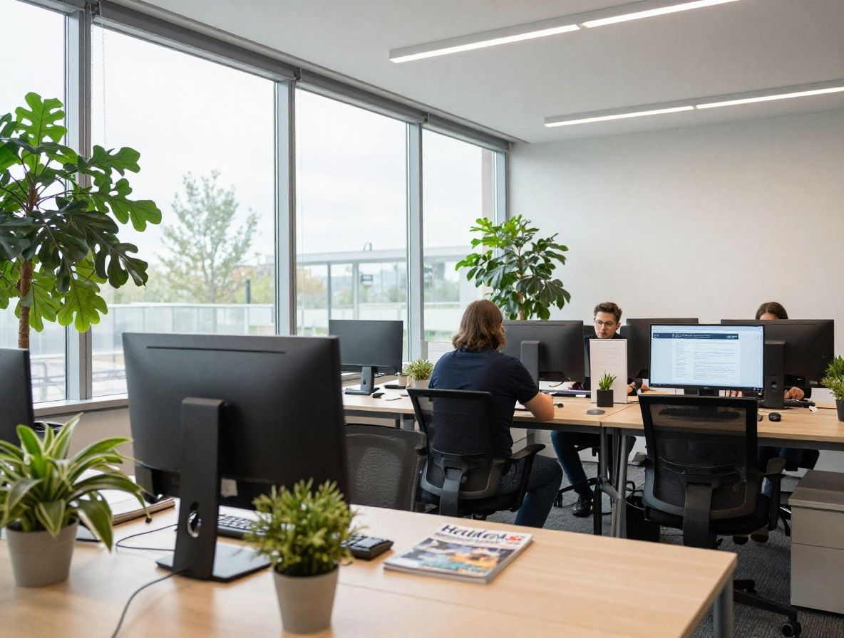 Helles, modernes Redaktionsbüro mit großen Fenstern, Schreibtischen und Pflanzen, Arbeitsatmosphäre eines Ernährungsmagazins