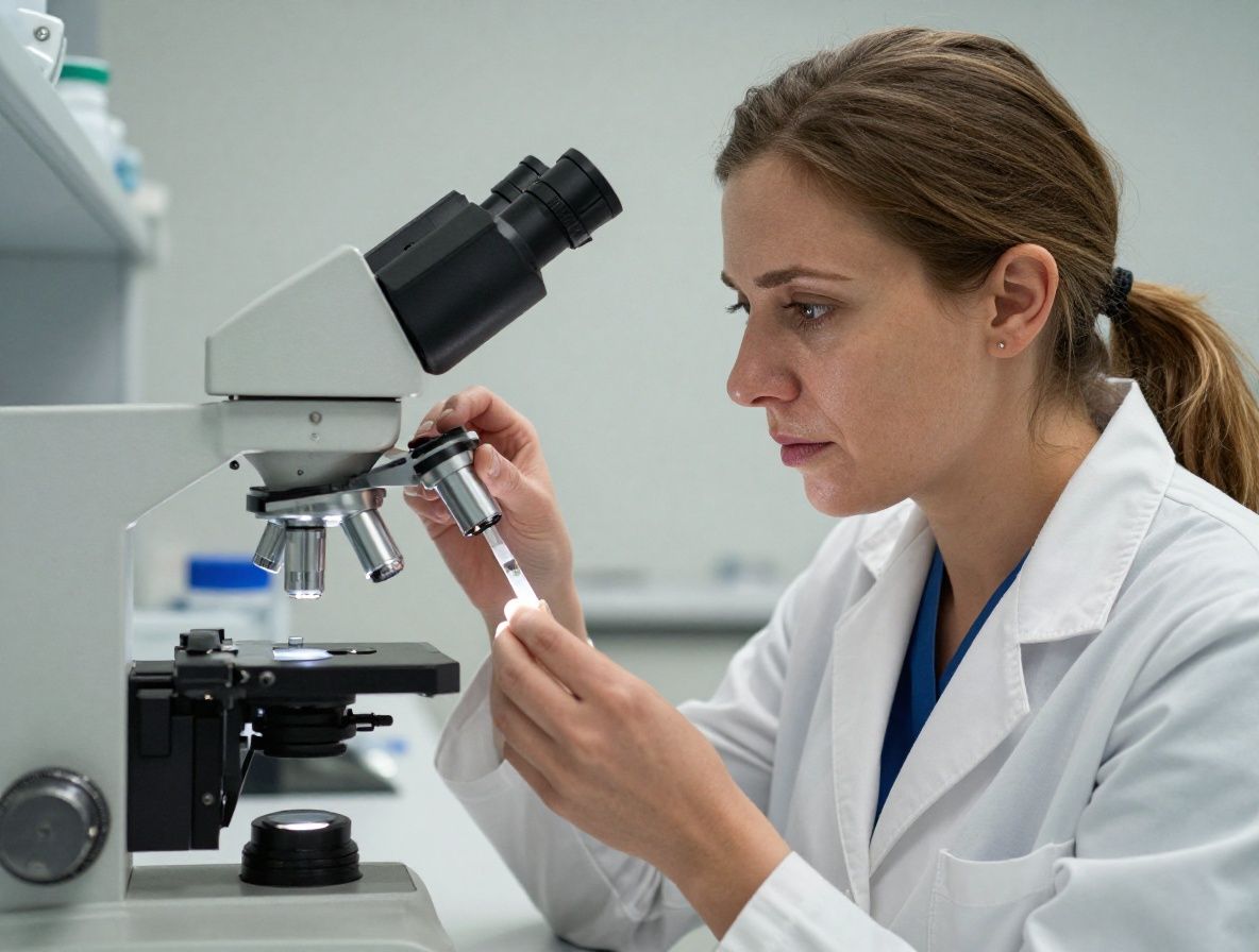 Wissenschaftlerin in einem modernen Labor schaut durch ein Mikroskop und analysiert Darmflora-Proben unter hellem Licht