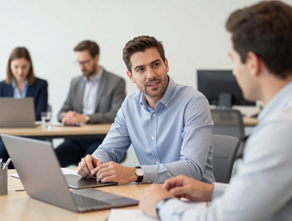 Kleines Redaktionsteam von Mitaled, das in einem modernen Büro in Frankfurt gemeinsam an Laptops arbeitet und Ernährungsthemen diskutiert