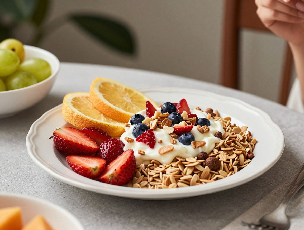 Entspannte Frau beim gesunden Frühstück an einem sonnigen Tisch mit frischem Obst, Joghurt und Müsli