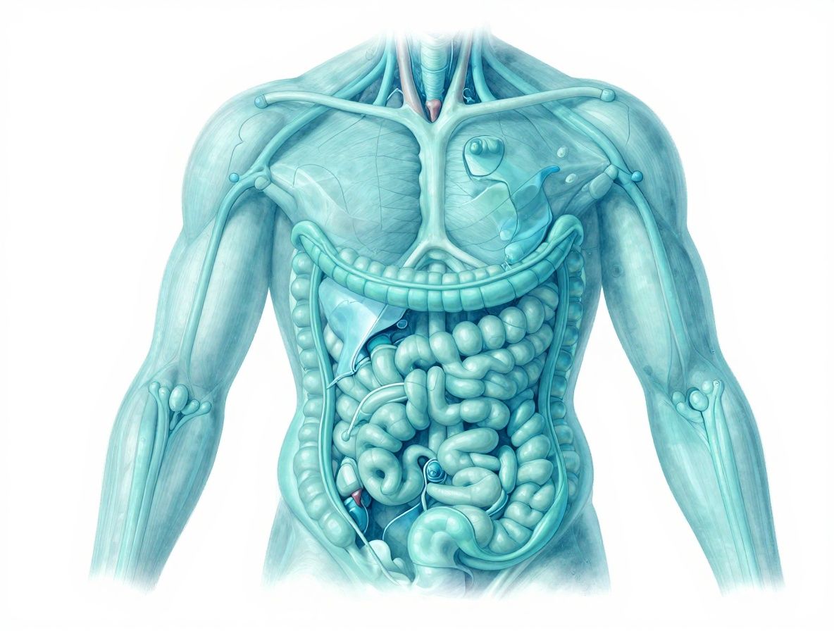 Anatomische Illustration des menschlichen Verdauungssystems mit Darm, dargestellt in blau-grünen Farbtönen vor einem dunklen Hintergrund