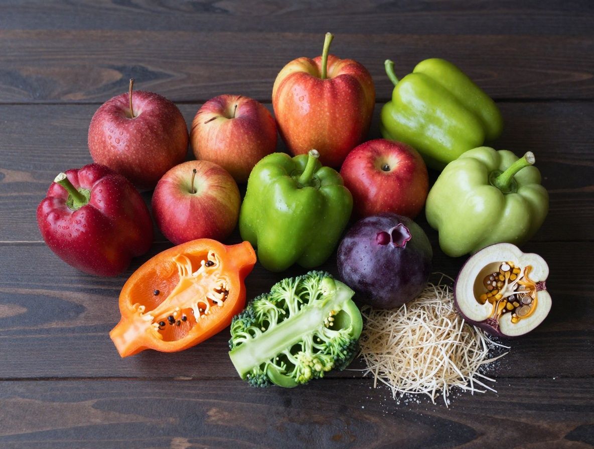 Verschiedene farbige Gemüsesorten und Früchte reich an Mikronährstoffen, darunter Brokkoli, Paprika und Beeren, auf einem dunklen Holztisch
