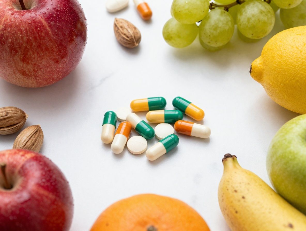 Verschiedene bunte Nahrungsergänzungsmittel-Kapseln und Tabletten neben frischen Früchten, Nüssen und Gemüse auf einer weißen Marmoroberfläche