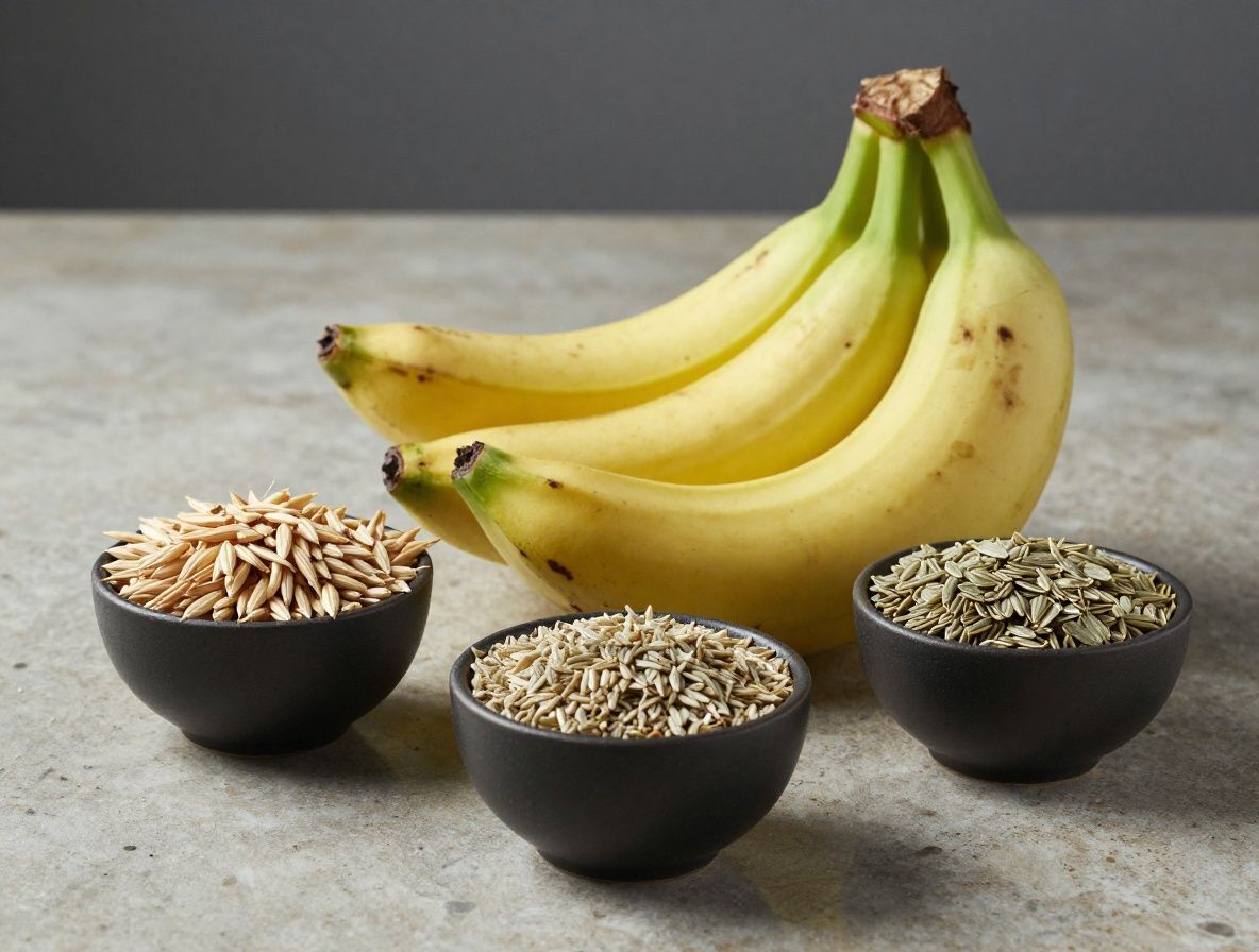 Frische grüne Zutaten und Körner in kleinen Schüsseln auf einem Marmortisch, darunter Bananen, Hafer und verschiedene Samen