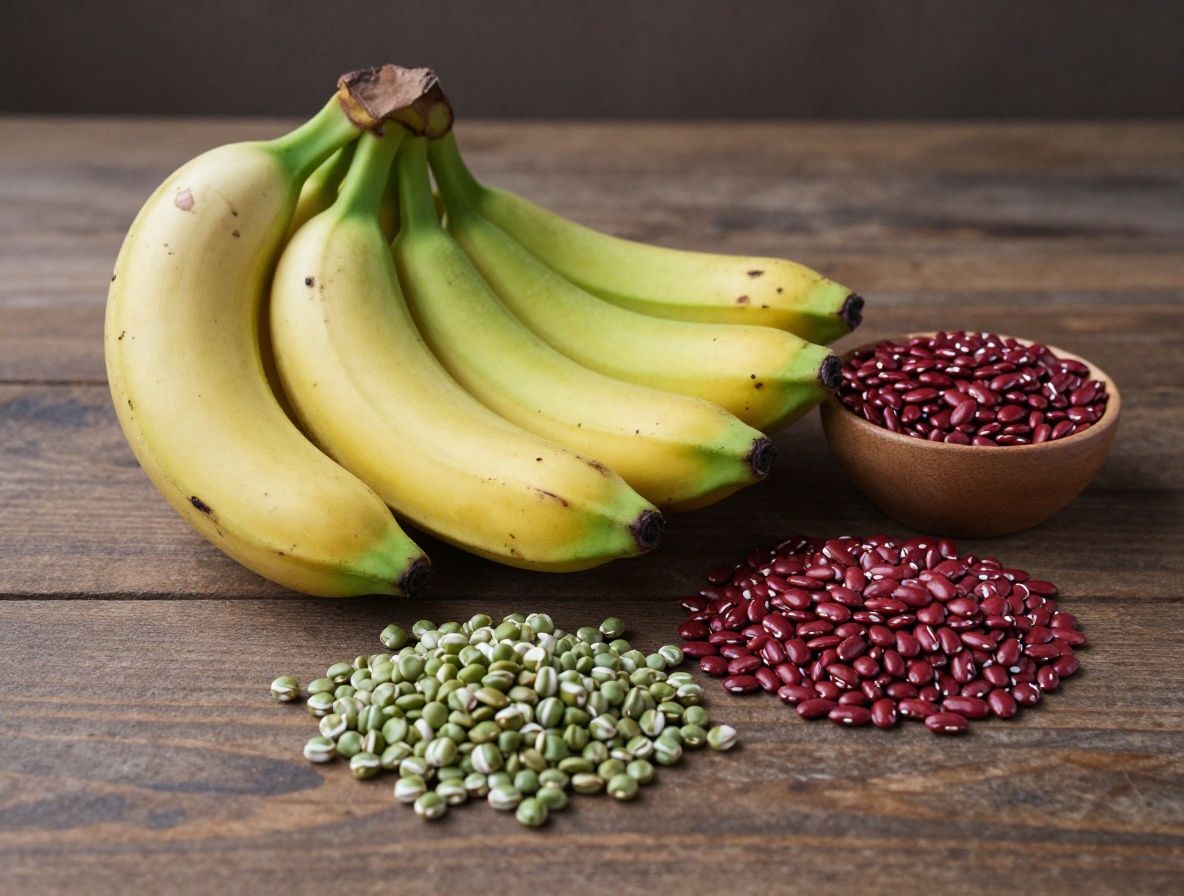 Frische Zutaten für eine ballaststoffreiche Ernährung: grüne Bananen, rote Linsen, Kichererbsen und Vollkornprodukte auf einem rustikalen Holztisch