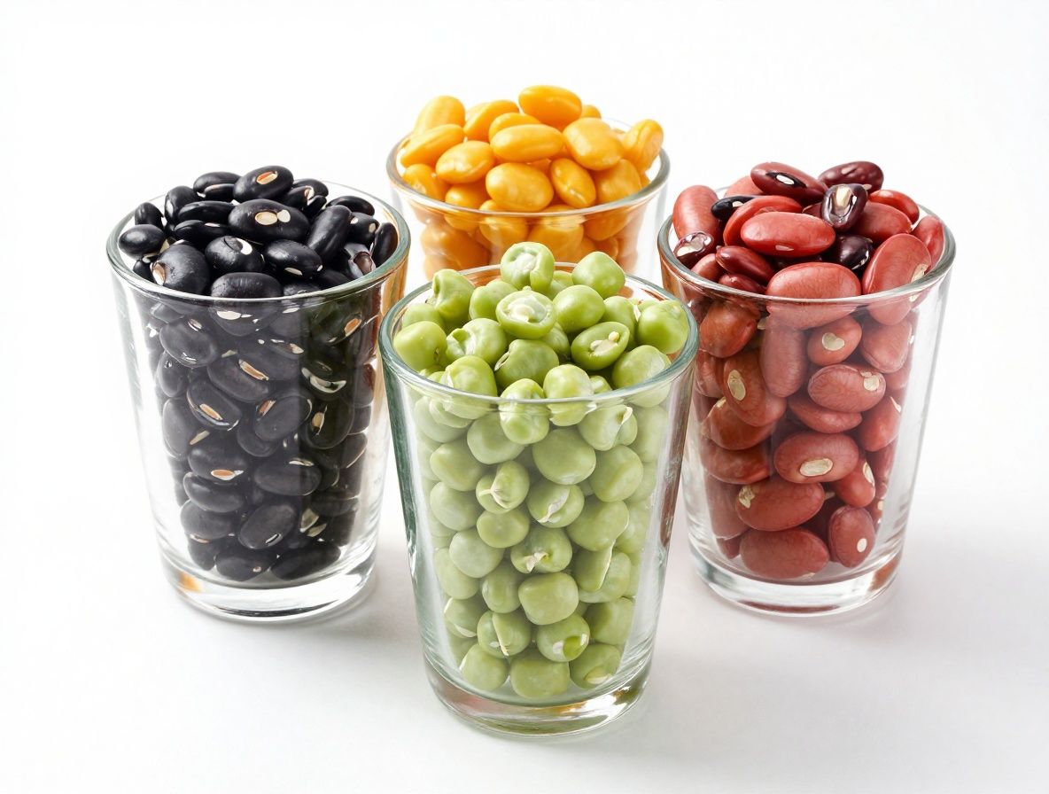 Nahaufnahme von bunten Hülsenfrüchten wie Linsen, Kichererbsen und Bohnen in Glasschalen auf einem weißen Untergrund