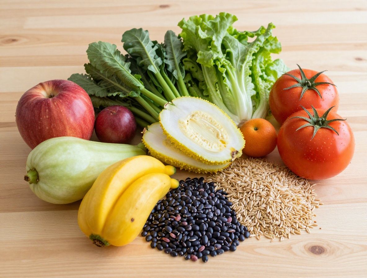 Frische bunte Lebensmittel auf einem hellen Holztisch: Gemüse, Obst, Körner und Hülsenfrüchte als Symbol für ausgewogene Ernährung